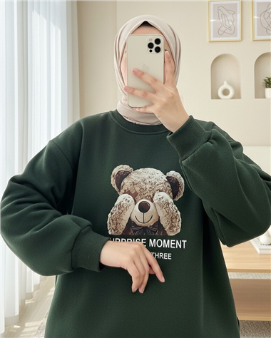 Ayıcık Baskılı Şardonlu 3 İplik Sweat Takım  -Haki