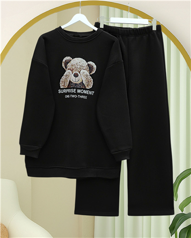 Ayıcık Baskılı Şardonlu 3 İplik Sweat Takım  -Siyah