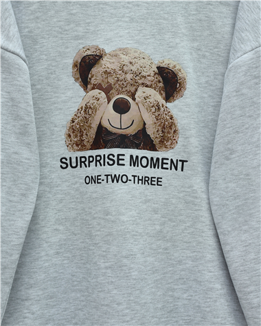 Ayıcık Baskılı Şardonlu 3 İplik Sweat Takım  -Açık Gri