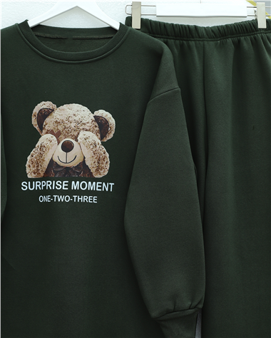 Ayıcık Baskılı Şardonlu 3 İplik Sweat Takım  -Haki