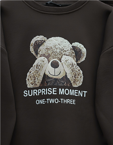 Ayıcık Baskılı Şardonlu 3 İplik Sweat Takım  -K. Kahve