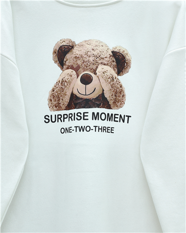 Ayıcık Baskılı Şardonlu 3 İplik Sweat Takım  -Beyaz