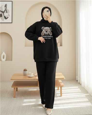 Ayıcık Baskılı Şardonlu 3 İplik Sweat Takım  -Siyah
