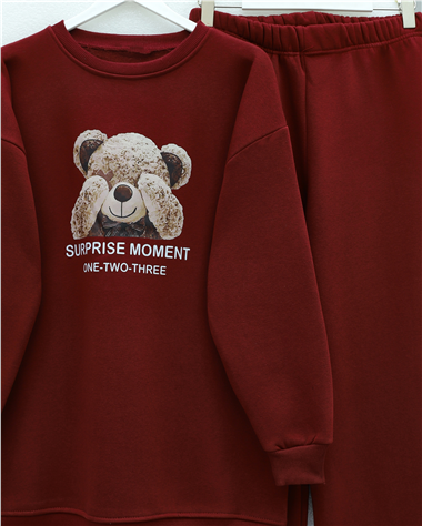 Ayıcık Baskılı Şardonlu 3 İplik Sweat Takım  -Bordo