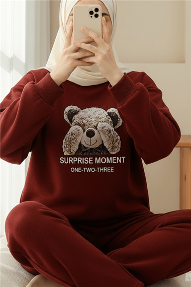 Ayıcık Baskılı Şardonlu 3 İplik Sweat Takım  -Bordo