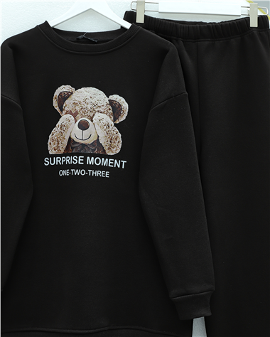 Ayıcık Baskılı Şardonlu 3 İplik Sweat Takım  -Siyah