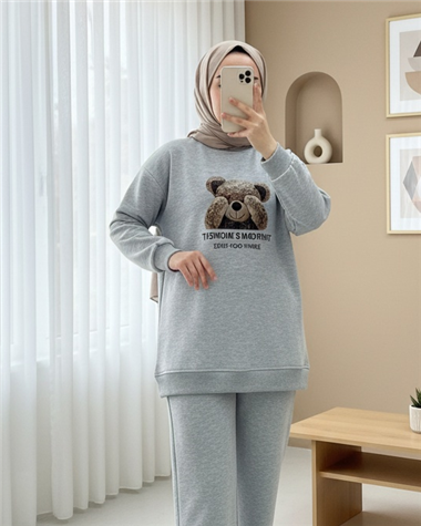 Ayıcık Baskılı Şardonlu 3 İplik Sweat Takım  -Açık Gri