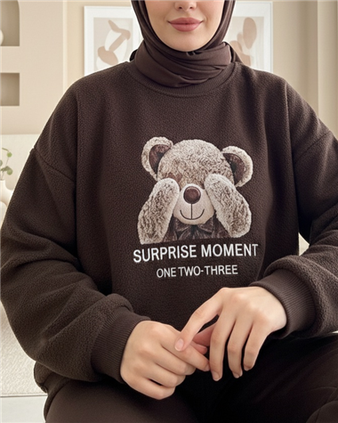Ayıcık Baskılı Şardonlu 3 İplik Sweat Takım  -K. Kahve