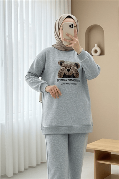 Ayıcık Baskılı Şardonlu 3 İplik Sweat Takım  -Açık Gri