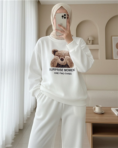 Ayıcık Baskılı Şardonlu 3 İplik Sweat Takım  -Beyaz