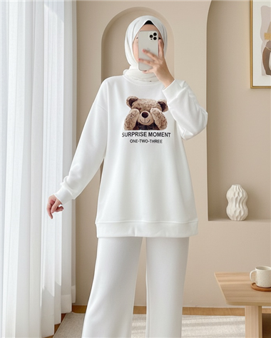 Ayıcık Baskılı Şardonlu 3 İplik Sweat Takım  -Beyaz