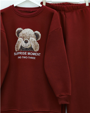 Ayıcık Baskılı Şardonlu 3 İplik Sweat Takım  -Bordo
