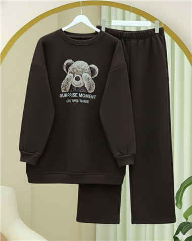 Ayıcık Baskılı Şardonlu 3 İplik Sweat Takım  -K. Kahve