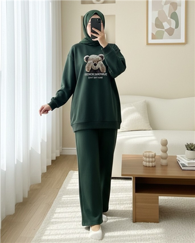 Ayıcık Baskılı Şardonlu 3 İplik Sweat Takım  -Haki