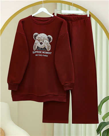 Ayıcık Baskılı Şardonlu 3 İplik Sweat Takım  -Bordo