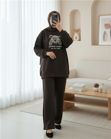 Ayıcık Baskılı Şardonlu 3 İplik Sweat Takım  -K. Kahve