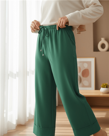 Bağcık Detaylı Double Paça Dikişli Pantolon   -Yeşil