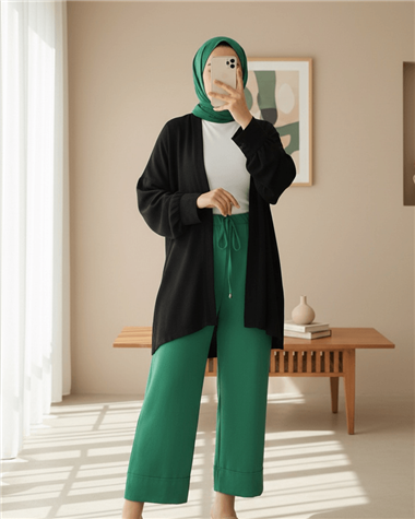 Bağcık Detaylı Double Paça Dikişli Pantolon   -Yeşil