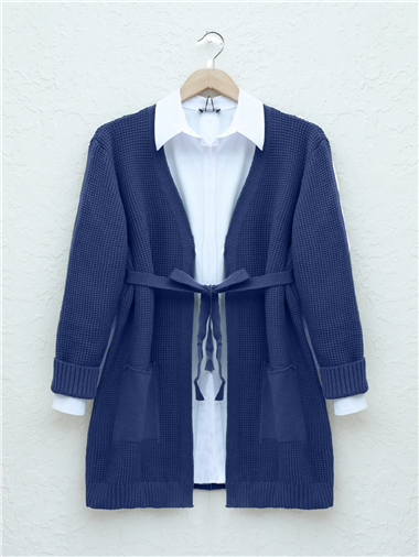 Bağcıklı Prinç Örgü Triko Hırka   -İndigo