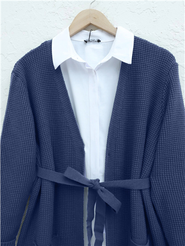 Bağcıklı Prinç Örgü Triko Hırka   -İndigo