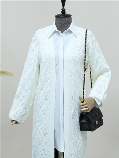 Baklava Desen Ajurlu Uzun Triko Hırka  -Krem