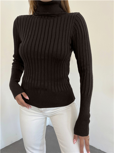 Balıkçı Yaka Fitilli Triko Kazak       -K. Kahve