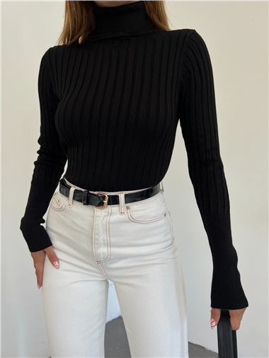 Balıkçı Yaka Fitilli Triko Kazak -Siyah