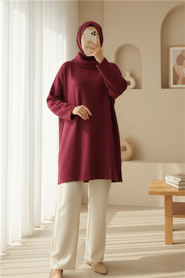 Balıkçı Yaka Yırtmaçlı Kaşkorse Tunik -Bordo