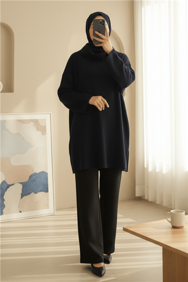 Balıkçı Yaka Yırtmaçlı Kaşkorse Tunik  -Laci