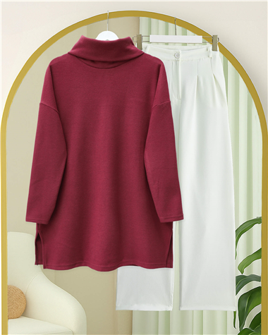 Balıkçı Yaka Yırtmaçlı Kaşkorse Tunik -Bordo