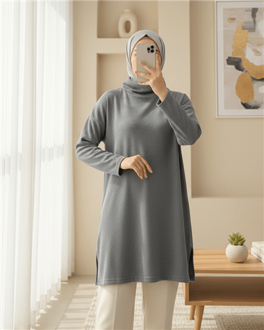 Balıkçı Yaka Yırtmaçlı Kaşkorse Tunik  -Gri