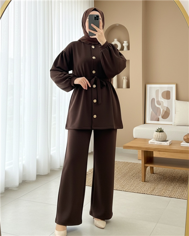 Balon Kol Beli Kuşaklı Önü Düğmeli Scuba Takım  -K. Kahve