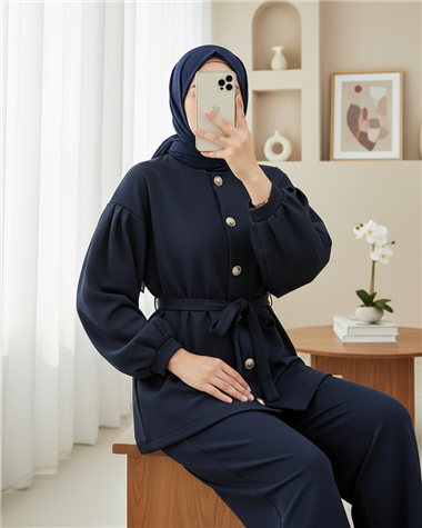 Balon Kol Beli Kuşaklı Önü Düğmeli Scuba Takım  -Laci