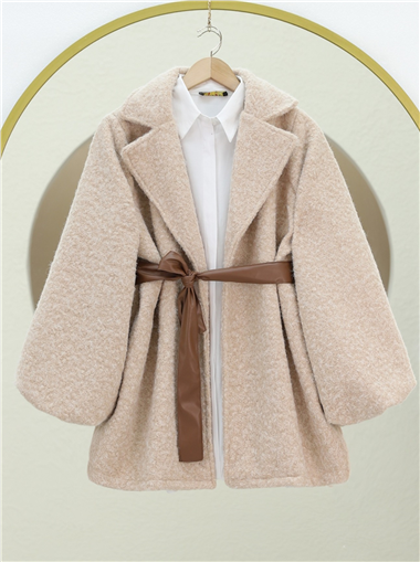 Balon Kol Deri Kemerli Buklet Ceket  -Bej