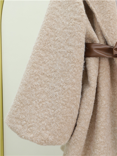 Balon Kol Deri Kemerli Buklet Ceket  -Bej