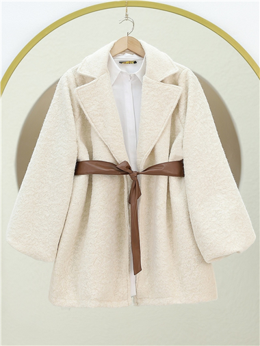 Balon Kol Deri Kemerli Buklet Ceket  -Krem