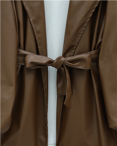 Balon Kol Kemerli Deri Ceket  -Taba