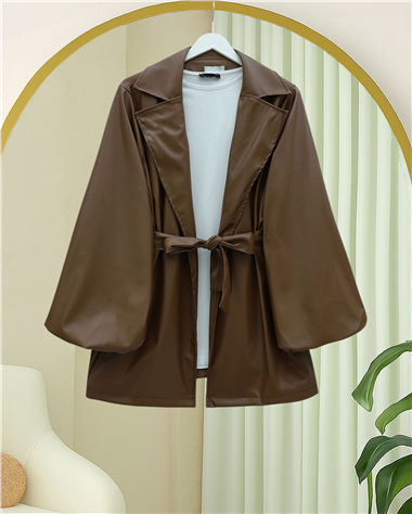 Balon Kol Kemerli Deri Ceket  -Taba