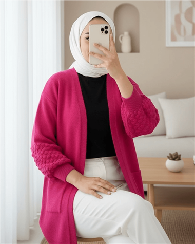 كارديجان بأكمام بالون وجيب بوم بوم - فوشيا