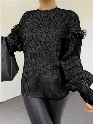 Balon Kol Püsküllü Triko Kazak -Siyah