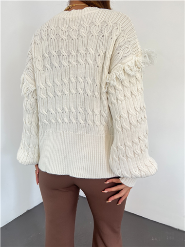 Balon Kol Püsküllü Triko Kazak -Taş