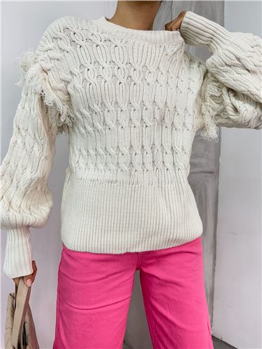 Balon Kol Püsküllü Triko Kazak -Taş