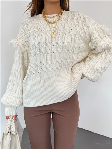 Balon Kol Püsküllü Triko Kazak -Taş