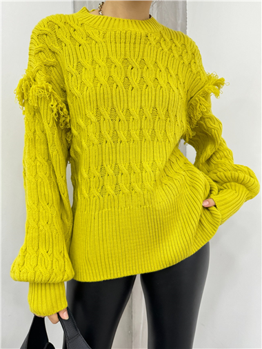 Balon Kol Püsküllü Triko Kazak -Yağ Yeşili