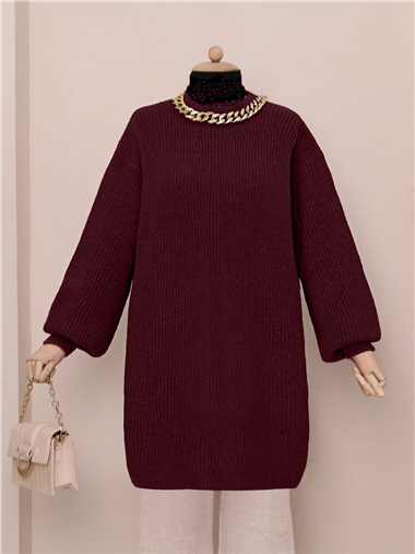 Balon Kol Yumoş Örme Triko Tunik    -Bordo