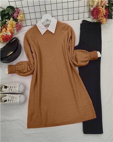 Womens Balloon-Sleeve Zigzag Patterned Knit Tunic - Tan