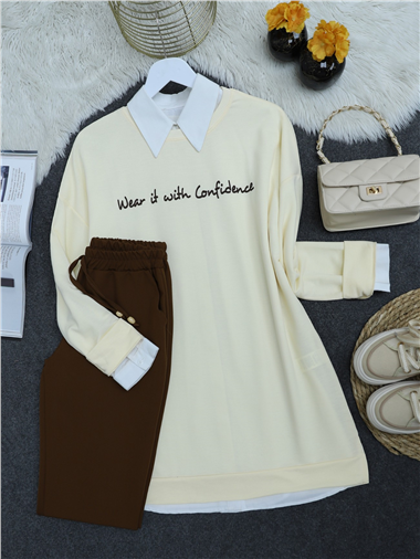 Baskılı Penye Sweat  -Krem