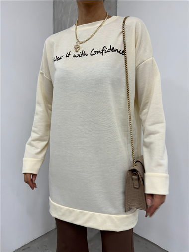 Baskılı Penye Sweat  -Krem