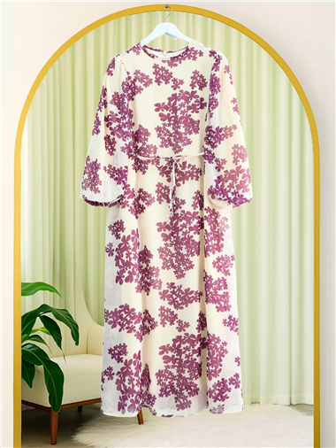 Batik Baskılı Astarlı Şifon Elbise  -Mor
