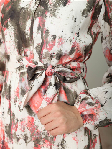 Batik Baskılı Kemerli Parçalı Keten Elbise -Somon